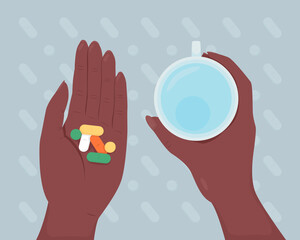 Poster - Deciding taking pills flat color vector illustration. Medical treatment for disease. Prescription for illness. Holding medications and cup of water 2D cartoon first view hand with abstract background