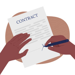 Poster - Hand writing on contract flat color vector illustration. Putting sign on business paper, on license sheet. Writing on official legal documents 2D cartoon first view hand with abstract background