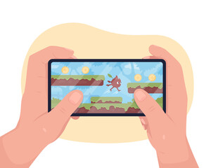 Fototapete - Playing games on mobile phone 2D vector isolated illustration. Gamer with smartphone. Play platformer. Holding mobile phone flat first view hand on cartoon background. Gamification colourful scene