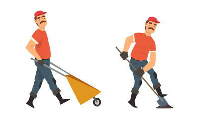 Sticker - Mustached Man Gardener in Cap and Gloves with Shovel Digging and Wheelbarrow Working in the Yard Vector Set