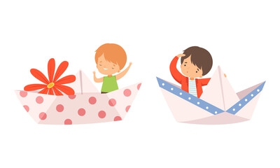 Sticker - Cute Smiling Kid Sailing on Paper Boat Looking Ahead Vector Set