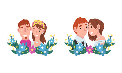 Sticker - Man and Woman Newlywed Couple and Spouse with Semicircle Flower Composition Vector Set