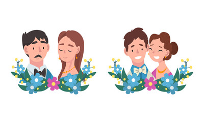 Sticker - Man and Woman Newlywed Couple and Spouse with Semicircle Flower Composition Vector Set