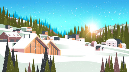 Wall Mural - snow covered buildings in winter season residential houses area ski resort concept new year and christmas celebration