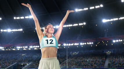 Wall Mural - Portrait of Professional Female Athlete on Stadium Happily Celebrating New Record with Raised Arms on World Sports Championship. Determination, Motivation, Inspiration are the Key of Success Story