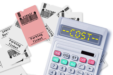 Poster - Costs about ticket for parking area - concept with calculator and COST text - Bar code and code numbers are completely made up