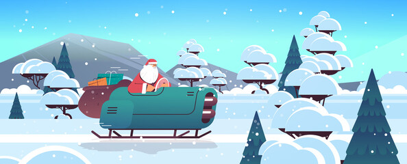 Wall Mural - santa claus driving sleigh car with gifts merry christmas happy new year winter holidays celebration concept