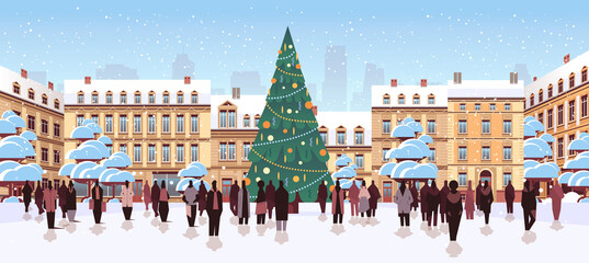 Wall Mural - people silhouettes walking near decorated christmas tree on city street new year holidays celebration