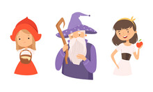 Fairytale Character With Red Riding Hood And Snow White With Apple Vector Set