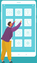 Poster - man interacting with elements on mobile phone display. building customer profile account in mobile a