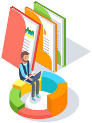 Poster - Businessman analyzes statistical indicators, data analysis. Man studies infographics and project financing. Business analytics data accounting. Employee sitting on chart studies documents with report