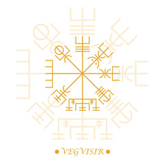 Wall Mural - Vegvisir symbol, runic compass. Nordic viking compass in golden color on white background. Line art. Icelandic magical staves. Isolated pagan vector. Nordic tattoos. Vector illustration