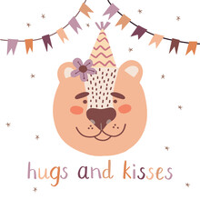 Cute Bear With Words Hugs And Kisses Greetings