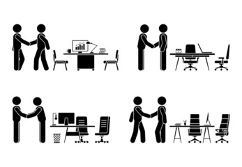 Stick figure business men shaking hands, negotiating vector icon set. Stickman office workers handshaking, meeting, talking pictogram on white background