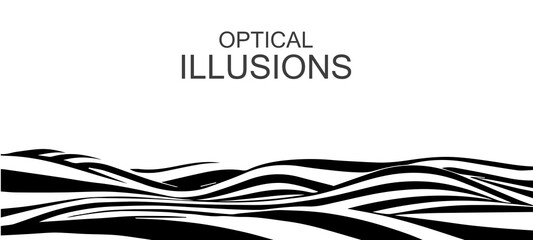 Black and white abstract wave with distortion effect. Optical illusion. Twisted vector illustration.