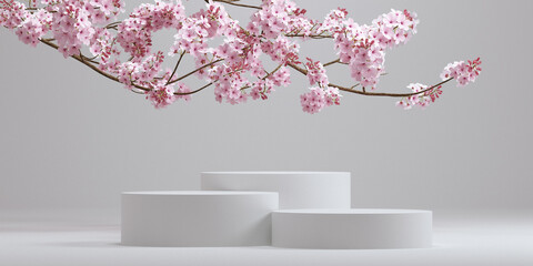 Wall Mural - cosmetic background. japanese style podium and cherry blossom white background for product presentat