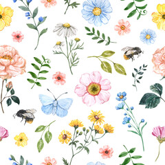 Watercolor floral seamless pattern on white background. Cute hand painted wildflowers, bees, butterfly, leaves. Botanical print.