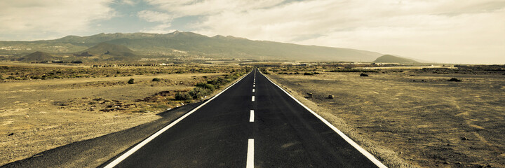 Wall Mural - Long way straight road with desert on both side. Banner header for travel and drive concept activity. Mountain and sky in background