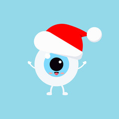 Sticker - Chistmas eye ball in red Santa Claus hat isolated on background. Ophthalmology holiday character - funny eyeball emoticon. Flat design cartoon kawaii style vector winter mascot illustration.