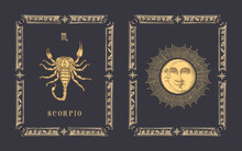 Scorpio Zodiac Symbol, Horoscope Card In Vector.
