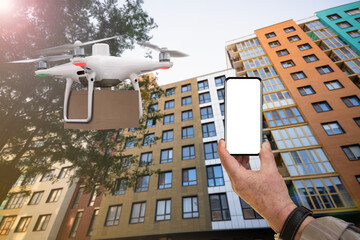 Poster - Senior man hand with phone on background of delivery drone. Blank screen, you can add your content here