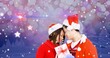 Composition of romantic couple with christmas gift against bokeh and starry background, copy space