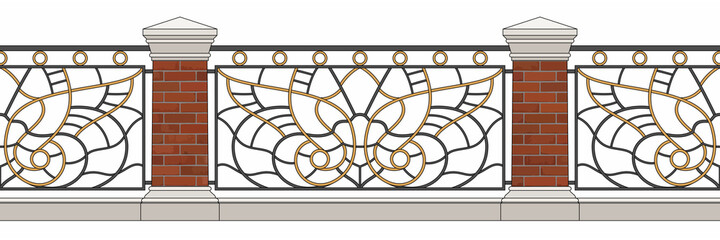 Wall Mural - Classic Iron Railing With Red Brick Pillars. Gold Decor. Vintage. Seamless wrought Iron Fence. Handrails. Art Nouveau Luxury Modern Architecture. Ornamental Fence. Palace. City. Street. Blacksmithing.