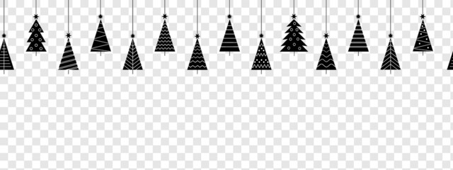 Christmas and New Year seamless banner or border. Vector Christmas tree set isolated on transparent background.Line black icon.