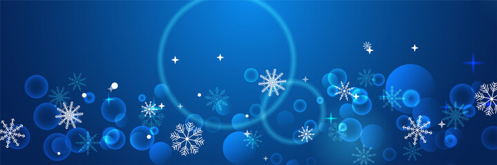 Blue Christmas banner with snowflakes. Merry Christmas and Happy New Year greeting banner. Horizontal new year background, headers, posters, cards, website. Vector illustration