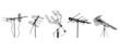 Television antenna icons set isolated on white background. Silhouettes of different television aerials. Tv antenna sign or symbol. Television rooftop antennas. Technology. Stock vector illustration