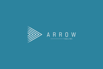 Poster - Arrow Logo. White Geometric Striped Lines Right Arrows isolated on Blue Background. Usable for Business and Technology Logos. Flat Vector Logo Design Template Element.