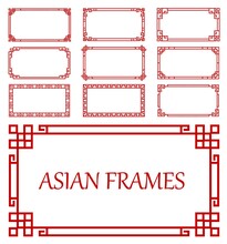 Korean, Chinese And Japanese Asian Red Frames And Borders. Oriental Rectangular Frames With Endless Knot Line Ornaments, Vector Asian Geometric Traditional Borders, Dividers Or Vintage Embellish