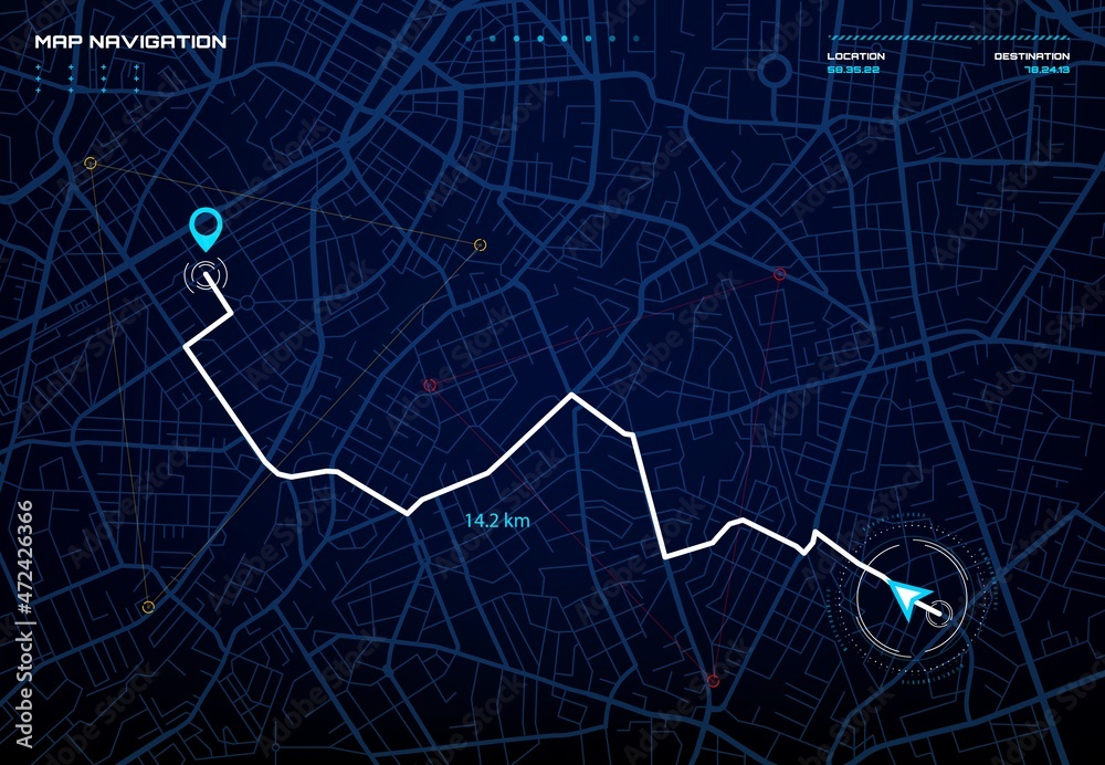 City map navigation interface. GPS navigator vector screen, street ...