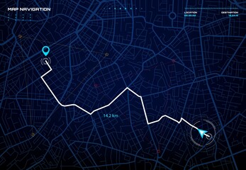 Poster - City map navigation interface. GPS navigator vector screen, street roads and location background. City map screen interface with road destination pin, compass and traffic route direction arrows