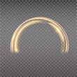 Gold magic arc. Abstract magic light effect. Luminous neon lines with flying lights.