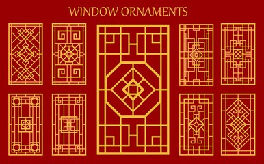 Asian korean, chinese and japanese window ornaments or embellishment. Vector traditional asian patterns for wall, door or window decor. Oriental vintage gold lattice grid on red background