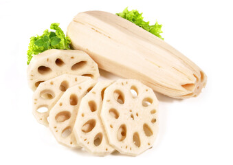 Wall Mural - Fresh Lotus Root Slices on white Background Isolated