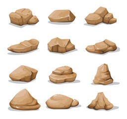 Poster - Cartoon brown rock stones and boulders, vector gravel and cobble. Rock stones or debris of rubble blocks, granite pebbles in piles and cracked mountain formation gravel pieces