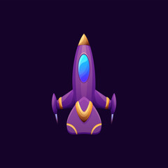 Poster - Flying cartoon rocket isolated cute rocketship in purple and yellow colors. Vector space starship, comic booster, kids toy, shuttle. Futuristic spaceship with astronauts, cosmic spacecraft explorer