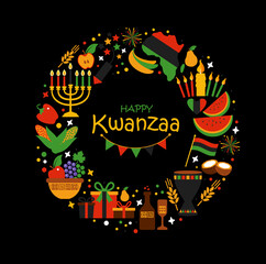 Wall Mural - Vector collection of Happy Kwanzaa. Holiday symbols on black background in wreath.