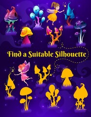 Poster - Find a correct mushroom shadow silhouette. Vector kids game, education puzzle or maze. Memory riddle worksheet with task of matching shadows of magic fungus mushrooms and flying fairy