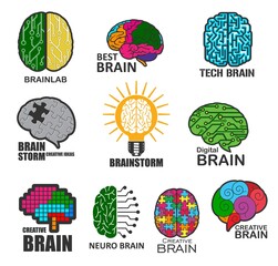 Poster - Neuro and tech brain, brainstorm and brain lab technology vector icons. Human mind head in idea and think light bulb, digital creative concept and smart puzzle symbol of education and science