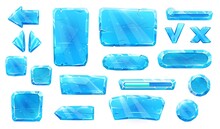 Ice Crystal Buttons, Slider Plates And Arrows With Keys Of Game Asset. User Panel Vector Interface. Cartoon Blue Ice Icons For UI And GUI Buttons, Mobile Game Navigation Menu Elements Of Frozen Water