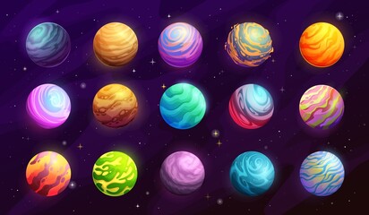 Poster - Cartoon galaxy space planets with ice, gas and ore, water, lava surface. Alien worlds in outer space, hot, frozen and live planets, asteroids vector GUI elements asset. Fantasy planetary systems moons