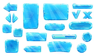 Poster - Ice crystal buttons, slider plates and arrows with keys of game asset. User panel vector interface. Cartoon blue ice icons for UI and GUI buttons, mobile game navigation menu elements of frozen water