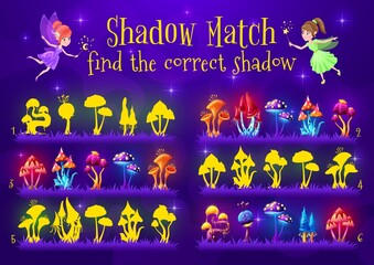 Poster - Shadow match game. Cartoon magic mushrooms and fairy vector characters. Education puzzle, riddle or memory test, find and connect correct silhouettes of fantasy forest fungi mushrooms, mind game