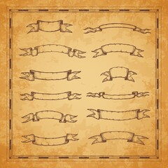 Wall Mural - vintage heraldic ribbon, pennant and banner sketches, ancient map elements. vector engraved antique 