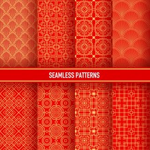 Asian Seamless Patterns. Korean, Chinese And Japanese Ornaments, Golden Embellishments On Red Background. Vector Traditional Asian Decorative Textile, Wallpaper, Vintage Oriental Patterns