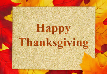 Sticker - Happy Thanksgiving gold sparking greeting card on fall leaves