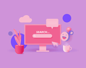 Aufkleber - Searching web bar on the screen of modern personal computer. 3d cute style vector illustration with cute elements. Copy space. Banners, social media posts template